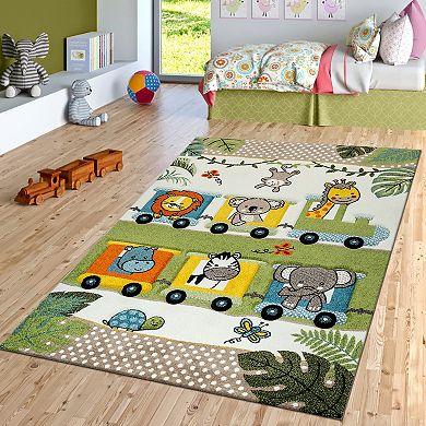 Colorful Nursery Rug for Kids with Cute Jungle Animals in Locomotive