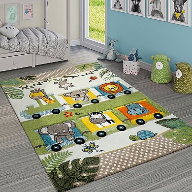 Colorful Nursery Rug for Kids with Cute Jungle Animals in Locomotive