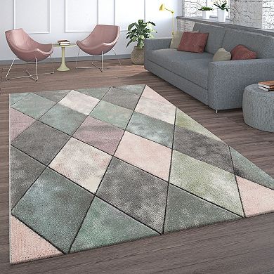 Colorful Living Room Rug with Diamond Pattern in 3D