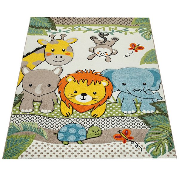 Kids Room Rug for Nursery with Cute Zoo Animals in 3D - Green Cream