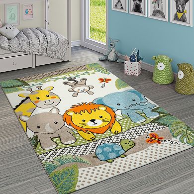Kids Room Rug for Nursery with Cute Zoo Animals in 3D - Green Cream