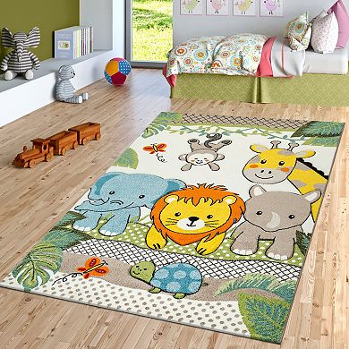 Kids Room Rug for Nursery with Cute Zoo Animals in 3D - Green Cream