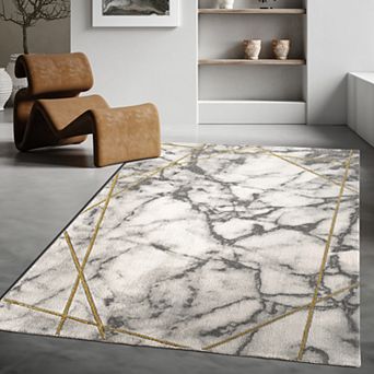 Marble Patten Area Rug in Gold Cream for Living Room with Contour Cut