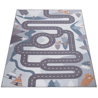 Kids Rug Mountain Road with Bears & Trees - Non Slip Playmat in Blue