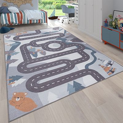 Kids Rug Mountain Road with Bears Trees Non Slip Playmat in Blue