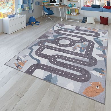 Kids Rug Mountain Road with Bears & Trees - Non Slip Playmat in Blue