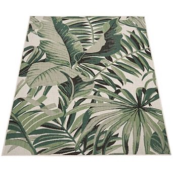 In- & Outdoor Rug Tropical Palm Leaf Design for Patio in Green Beige