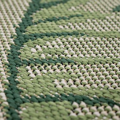 In- & Outdoor Rug Tropical Palm Leaf Design for Patio in Green Beige