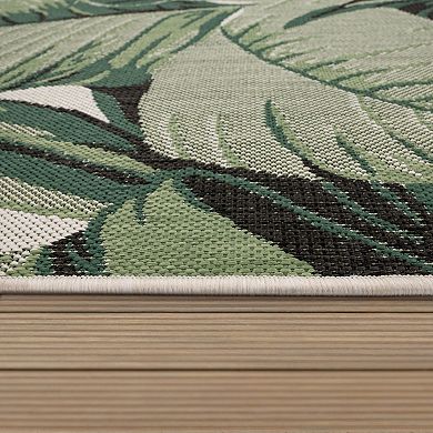 In- & Outdoor Rug Tropical Palm Leaf Design for Patio in Green Beige