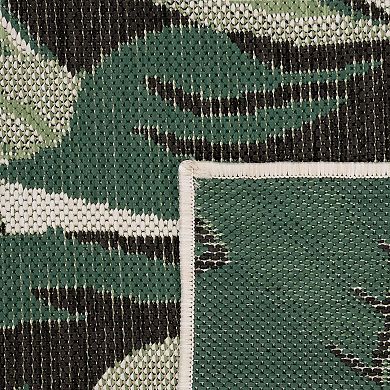 In- & Outdoor Rug Tropical Palm Leaf Design for Patio in Green Beige