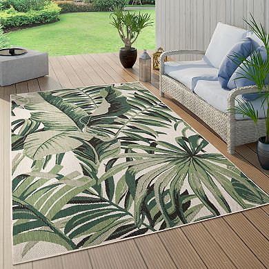 In- & Outdoor Rug Tropical Palm Leaf Design for Patio in Green Beige