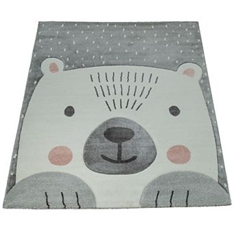 Kids Room Rug with a Cute Bear 3D Motif in Grey White
