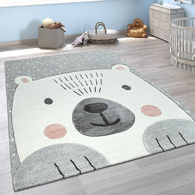 Kids Room Rug with a Cute Bear 3D Motif in Grey White