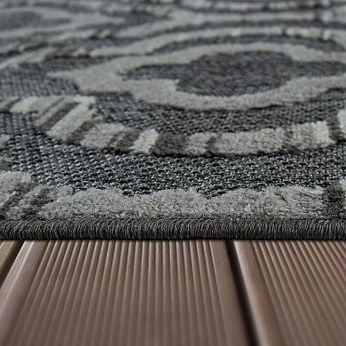 Dark Grey Outdoor Rug with Modern Moroccan Ornament Pattern for Patio