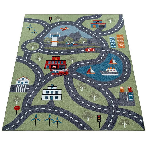 Kids Play Mat Rug Green Landscape with Roads Traffic for Playroom