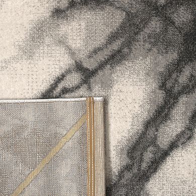 Grey Gold Cream Living Room Rug with Marble Pattern in 3D