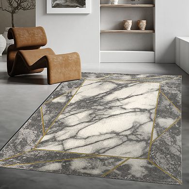 Grey Gold Cream Living Room Rug with Marble Pattern in 3D