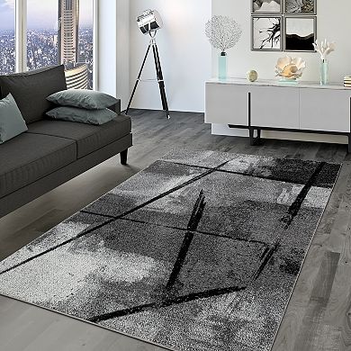 Grey Black Area Rug Modern Design with Abstract Paint Effect