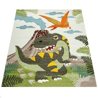 Kids Rug for Boys Jurresic World T-Rex Dinosaur Jungle in Green