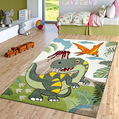 Kids Rug for Boys Jurresic World T-Rex Dinosaur Jungle in Green