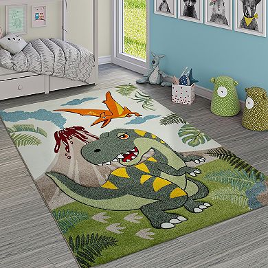 Kids Rug for Boys Jurresic World T-Rex Dinosaur Jungle in Green