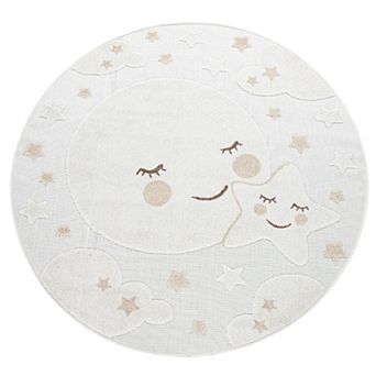 Round Kids Rug Cuddly Moon and Stars Motif Indoor & Outdoor