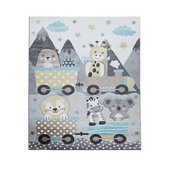 Kids Rug for Childrens Room Colorful Animals on a Train in Grey