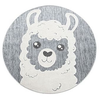 Round Kids Rug Llama Motif with Contour Cut in Mottled Grey