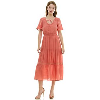 Women's Luxology Tie-Front Tiered Midi Gauze Dress