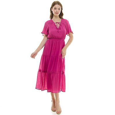Women's Luxology Tie-Front Tiered Midi Gauze Dress, Size: XL, Magenta Daisy