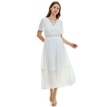 Women's Luxology Tie-Front Tiered Midi Gauze Dress