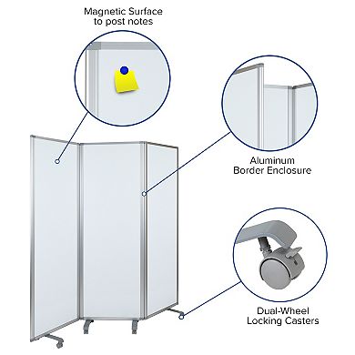 Emma and Oliver Mobile Magnetic Whiteboard 3 Section Partition with Locking Casters, 72"H x 24"W
