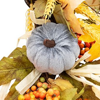 Velvet Pumpkins and Wheat Artificial Fall Harvest Wreath - 24-Inch Unlit