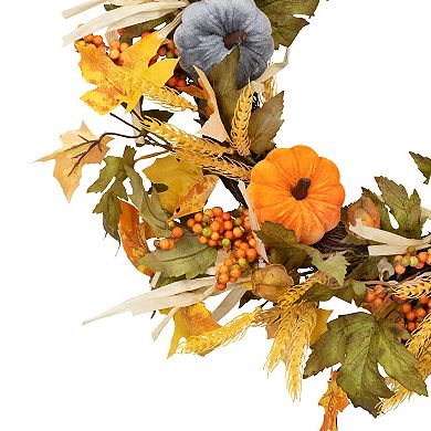 Velvet Pumpkins and Wheat Artificial Fall Harvest Wreath - 24-Inch Unlit