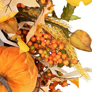 Velvet Pumpkins and Wheat Artificial Fall Harvest Wreath - 24-Inch Unlit