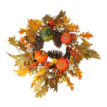 Fallen Leaves with Pine Cones and Pumpkins Artificial Thanksgiving Wreath Orange 24-Inch