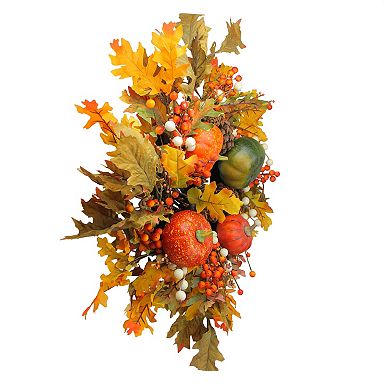 Fallen Leaves with Pine Cones and Pumpkins Artificial Thanksgiving Wreath Orange 24-Inch