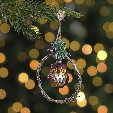 5.25" Brown Glass Owl in a Twig Wreath Christmas Ornament