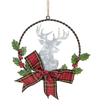 5.5" Wreath and Galvanized Moose Christmas Ornament with Plaid Bow