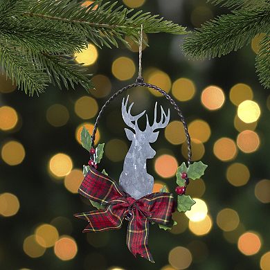 5.5" Wreath and Galvanized Moose Christmas Ornament with Plaid Bow