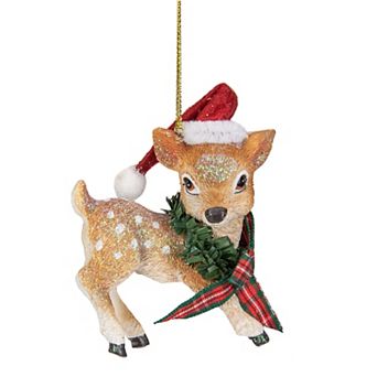 3" Fawn Reindeer Wearing Santa Hat and Plaid Bow Christmas Ornament