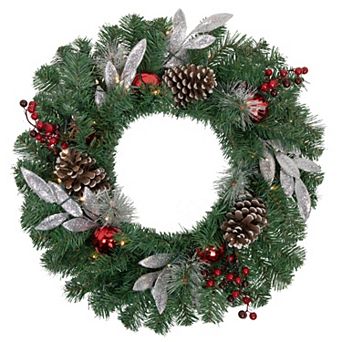 24" Pre-Lit Decorated Frosted Pine Cone and Berries Artificial Christmas Wreath