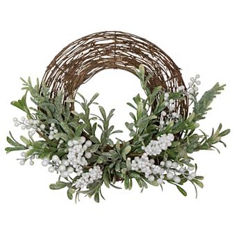 Artificial Christmas Twig Wreath with Frosted Foliage and Berries 24-Inch Unlit