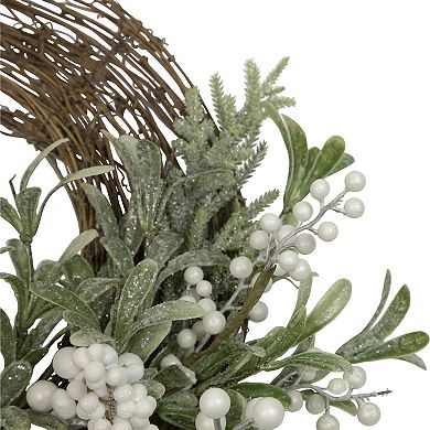 Artificial Christmas Twig Wreath with Frosted Foliage and Berries 24-Inch Unlit