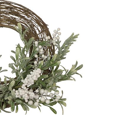 Artificial Christmas Twig Wreath with Frosted Foliage and Berries 24-Inch Unlit
