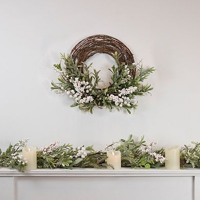 Artificial Christmas Twig Wreath with Frosted Foliage and Berries 24-Inch Unlit