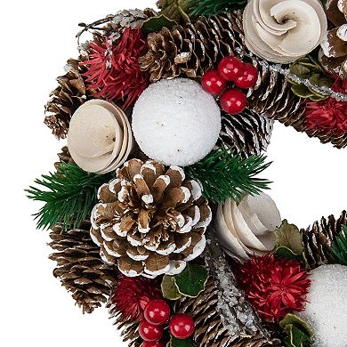 White Wooden Rose Pine Cone and Berry Artificial Christmas Wreath 10-Inch Unlit