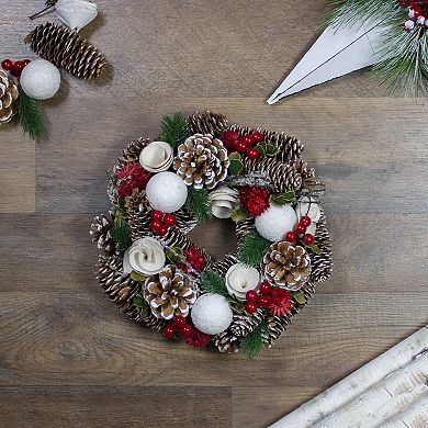 White Wooden Rose Pine Cone and Berry Artificial Christmas Wreath 10-Inch Unlit