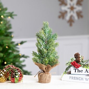 11.75" Frosted Icy Pine Tree in Burlap Base Christmas Decoration
