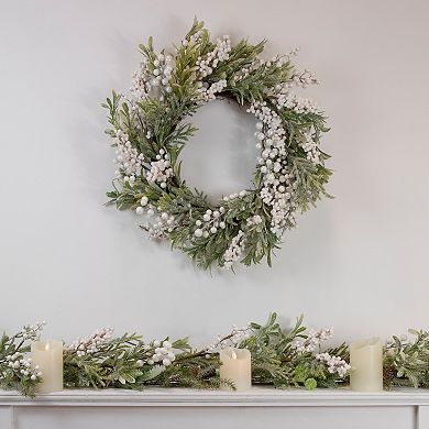 Artificial Christmas Wreath with Frosted Foliage and Berries 20-Inch Unlit
